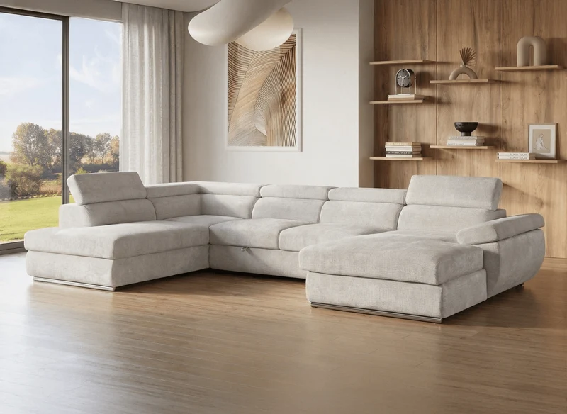 Sofá cama panorámico convertible MARIANO con almacenaje en terciopelo jaspeado beige - Esquina derecha