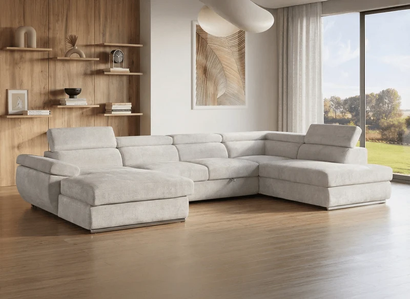 Sofá cama panorámico convertible MARIANO con almacenaje en terciopelo jaspeado beige - Esquina izquierda