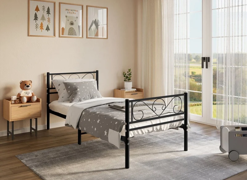 Cama individual LUCINA de metal negro, 90 x 190 cm