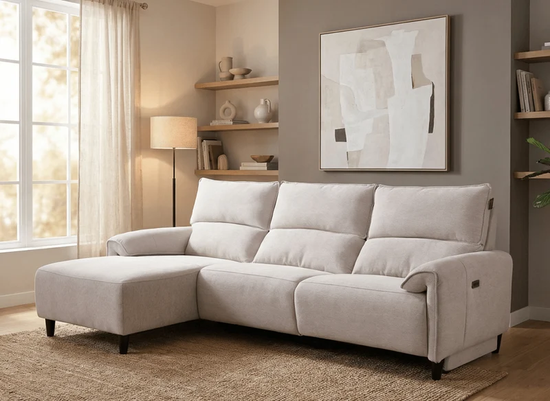 Sofá esquinero reclinable eléctrico LUDMILA en tela beige - Esquina izquierda