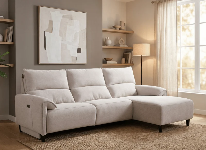 Sofá esquinero reclinable eléctrico LUDMILA en tela beige - Esquinero derecho