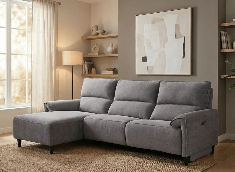 Sofá esquinero reclinable eléctrico LUDMILA en tela gris oscuro - Esquina izquierda