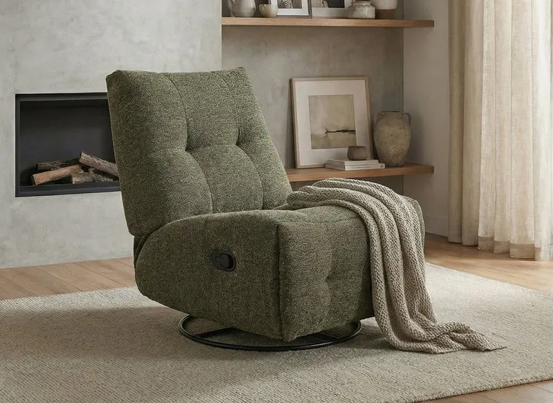 Sillón reclinable giratorio LISON en terciopelo verde caqui texturizado