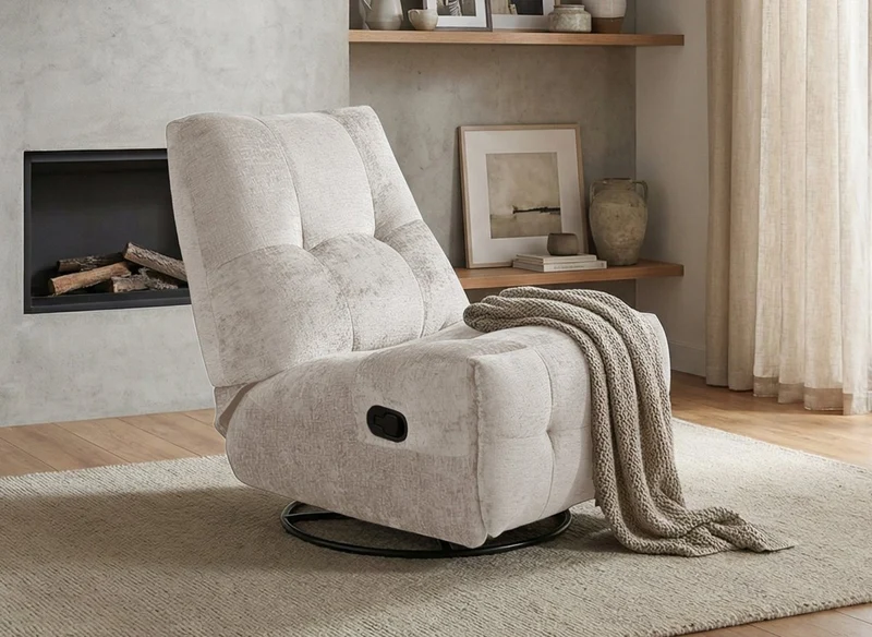 Sillón reclinable giratorio LISON en terciopelo jaspeado beige