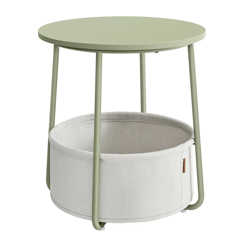 VASAGLE Mesa Auxiliar, Mesa Lateral Redonda con Cesta de Tela, Espaciosa, para Salón, Dormitorio, Mesita de Noche, Estilo Moderno, Verde Laurel y Blanco Crema