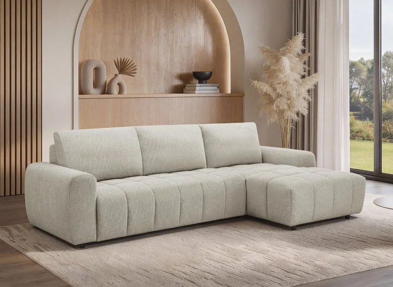 Sofá esquinero convertible con apertura exprés en tejido beige AGATHE – ángulo derecho