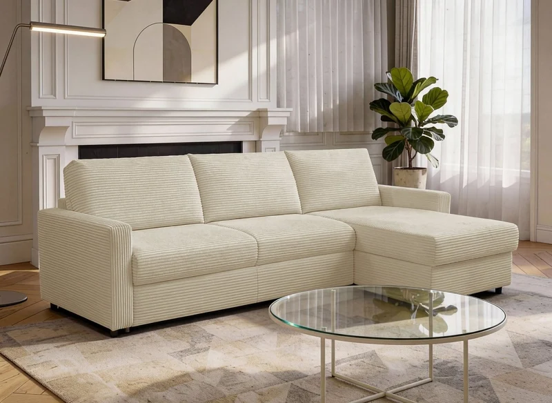 Sofá esquinero convertible y reversible JULIETTE con apertura exprés en terciopelo de pana beige