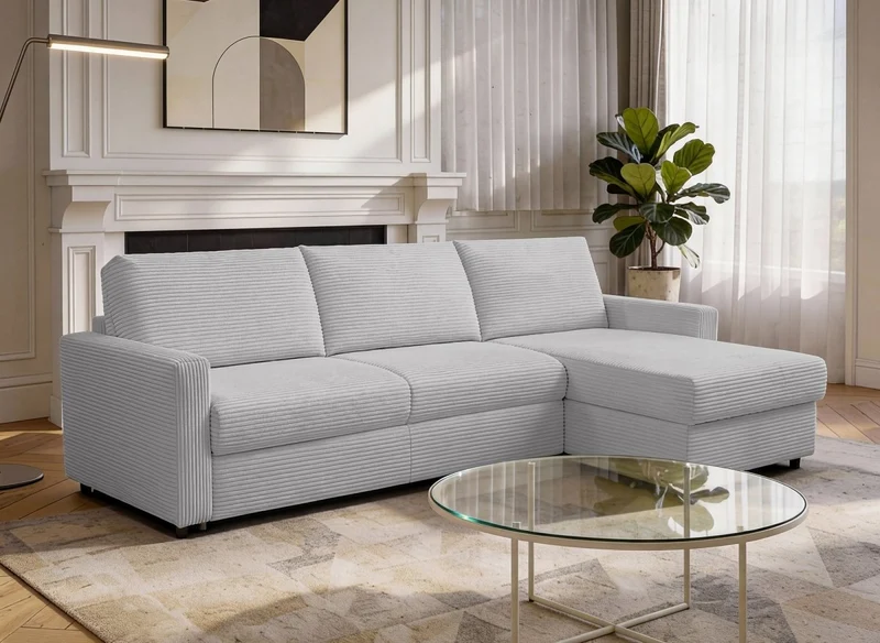 Sofá esquinero convertible y reversible JULIETTE con apertura exprés en terciopelo de pana gris