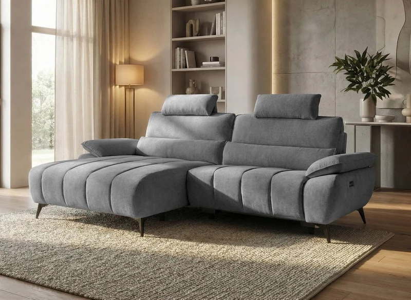 Sofá esquinero eléctrico reclinable LYANA en terciopelo gris jaspeado - Esquina izquierda