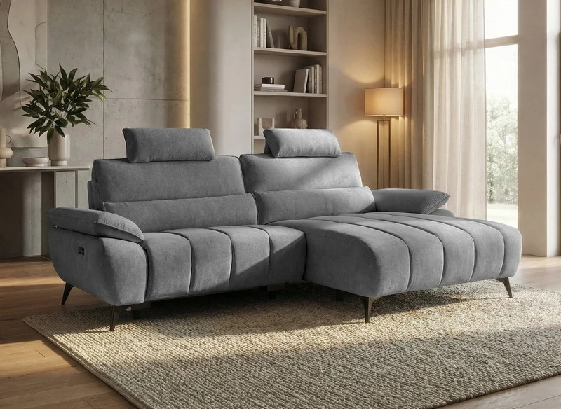 Sofá esquinero eléctrico reclinable LYANA en terciopelo gris jaspeado - Esquina derecha
