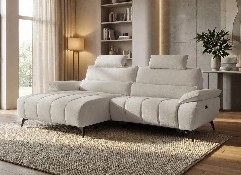 Sofá esquinero eléctrico reclinable LYANA en terciopelo beige jaspeado - Esquina izquierda