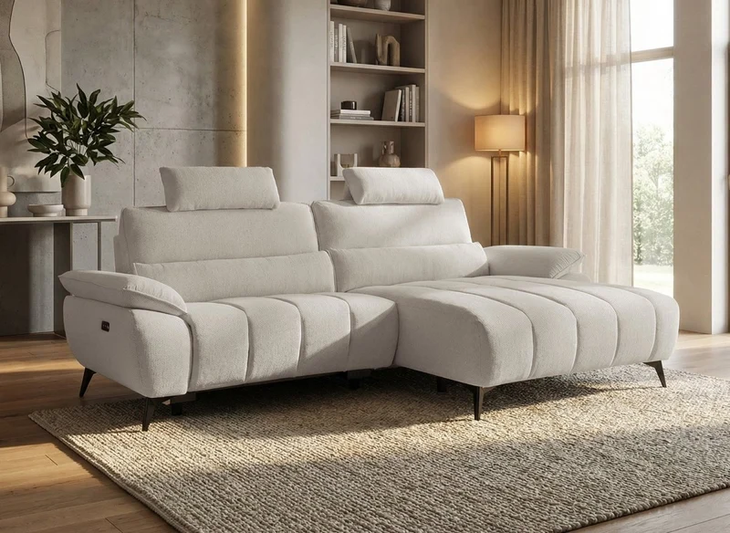 Sofá esquinero eléctrico reclinable LYANA en terciopelo beige jaspeado - Esquina derecha