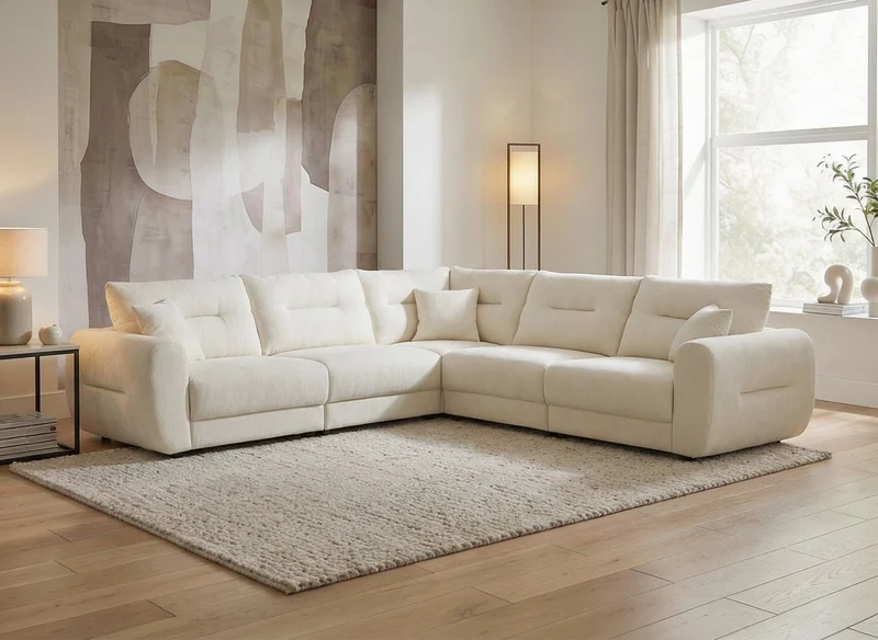 Sofá esquinero BALIANE de terciopelo jaspeado beige