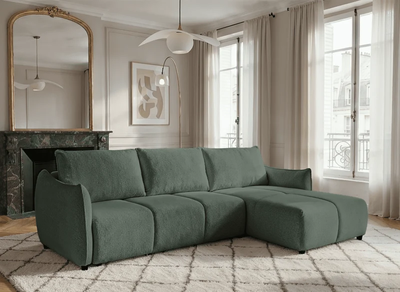 Sofá esquinero convertible y reversible MYSA en terciopelo jaspeado verde oliva