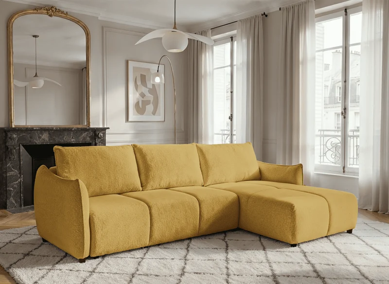 Sofá rinconero convertible y reversible de terciopelo jaspeado amarillo MYSA