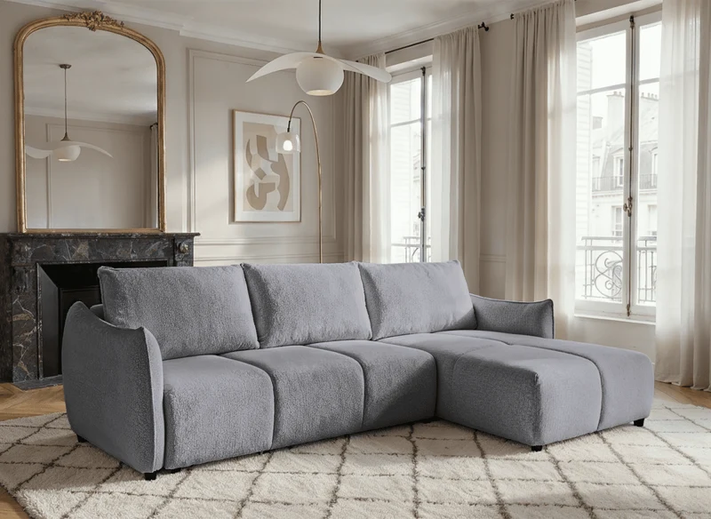 Sofá esquinero convertible y reversible MYSA en terciopelo gris jaspeado