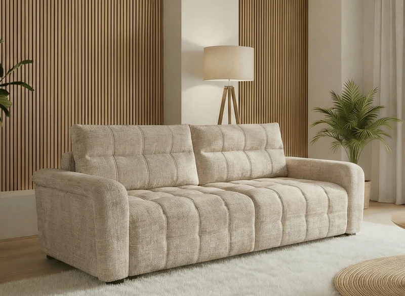 Sofá cama de 3 plazas RALYA con almacenaje en terciopelo jaspeado beige