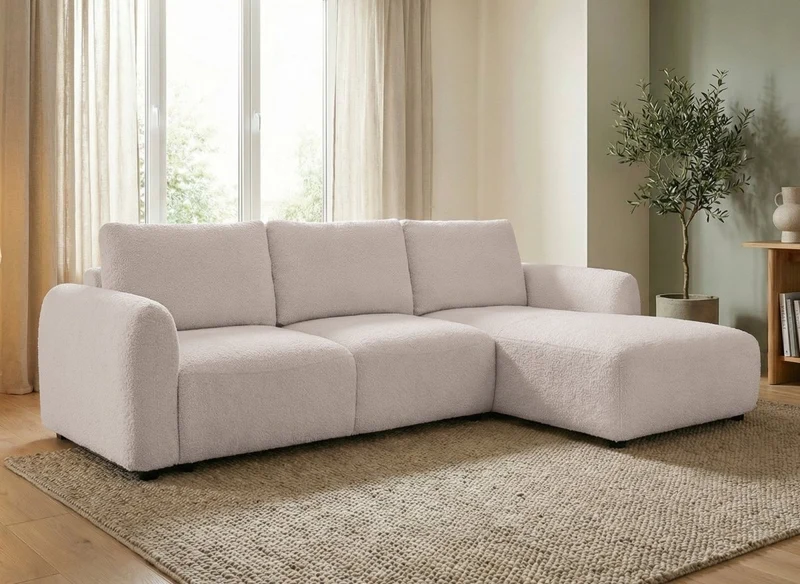 Sofá esquinero convertible MARLA con almacenaje en tela bouclé beige - Esquinero derecho
