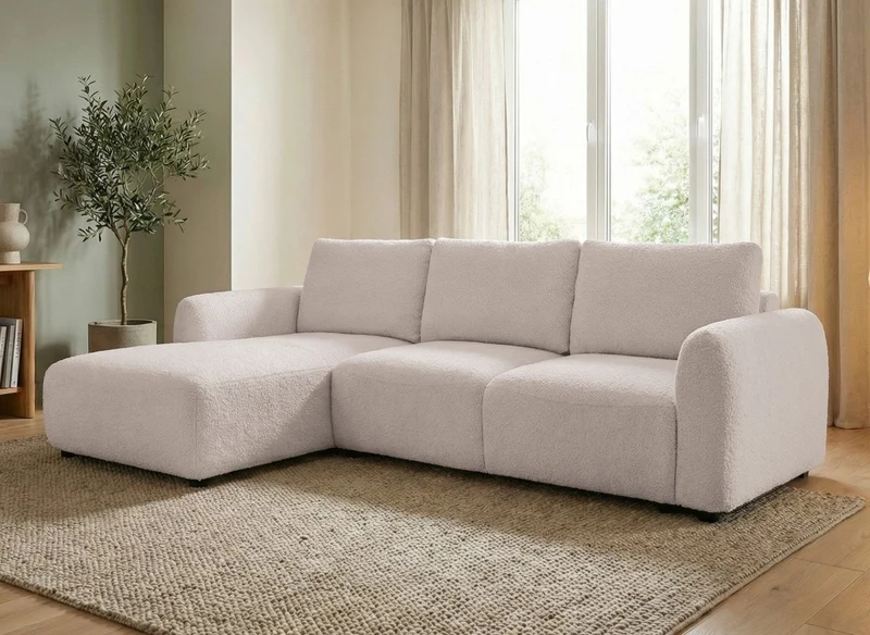Sofá cama esquinero MARLA con almacenaje en tela bouclé beige - Esquina izquierda