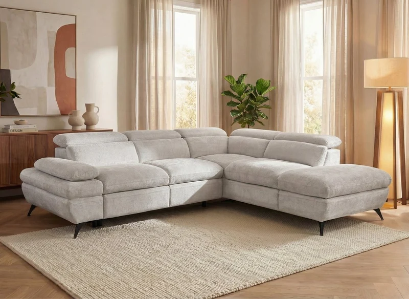Sofá esquinero convertible LUFY con almacenaje en terciopelo jaspeado color blanco roto - Esquinero derecho