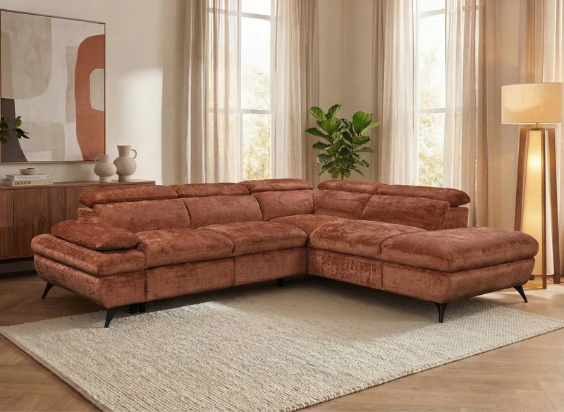 Sofá cama esquinero LUFY con almacenaje en terciopelo moteado terracota - Esquina derecha