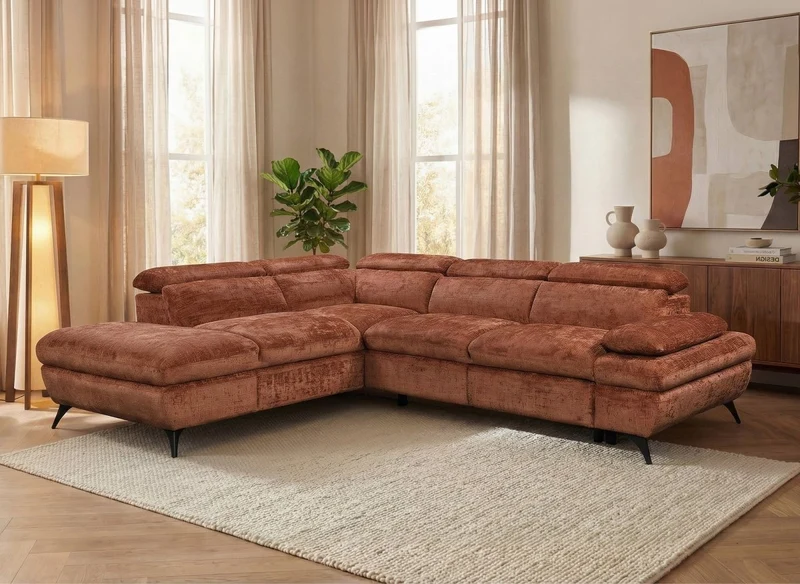 Sofá cama esquinero LUFY con almacenaje en terciopelo jaspeado color terracota - Esquina izquierda