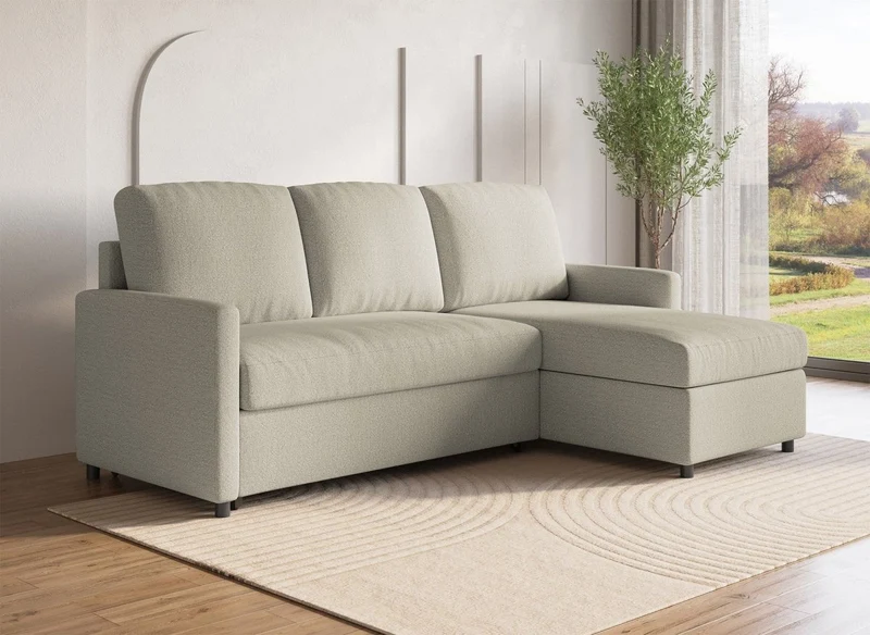 Sofá cama esquinero reversible ADAM con compartimento de almacenamiento en tela beige