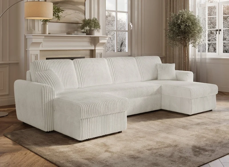 Sofá convertible panorámico ADRYEN con compartimentos de almacenamiento en pana gruesa beige