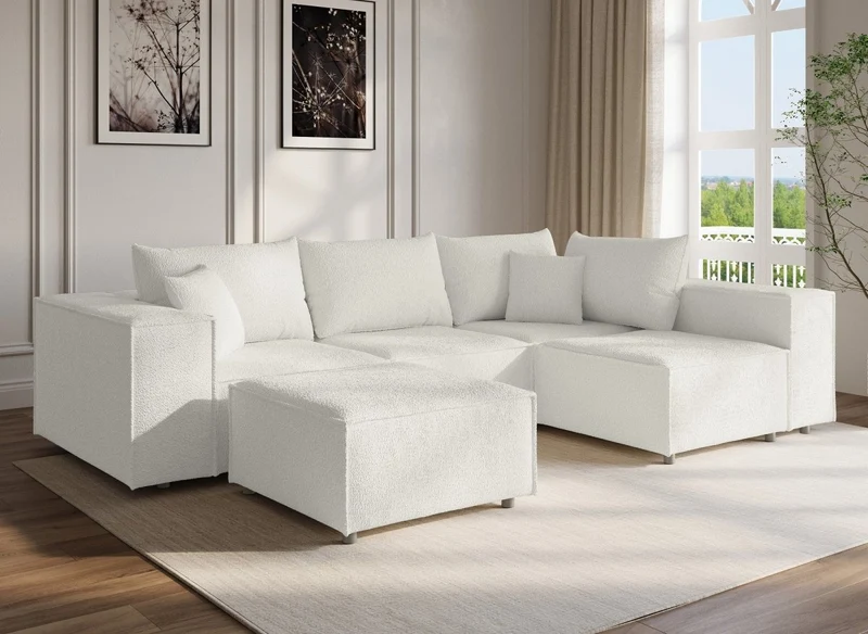 Sofá modular esquinero fijo HARLEM XL con 1 otomana en tejido efecto piel de oveja color blanco roto