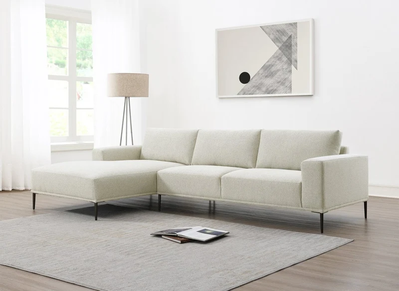 Sofá esquinero fijo con chaise longue en tejido beige ARNOLD - Esquina izquierda