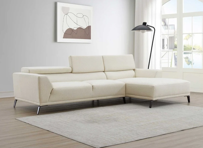 Sofá esquinero fijo KALISTA con chaise longue en tejido beige - Esquina derecha