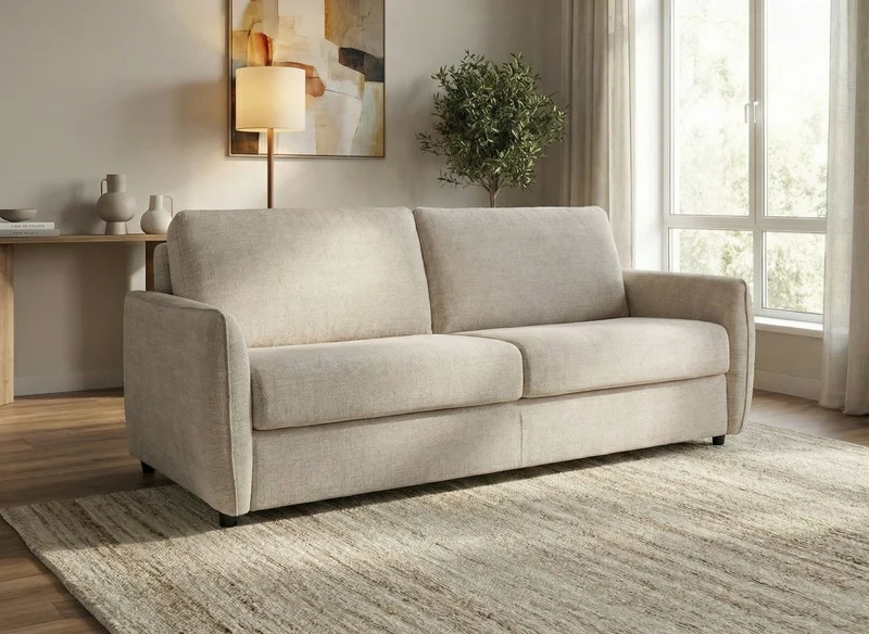 Sofá convertible express de 3 plazas CHIARA en terciopelo texturizado beige