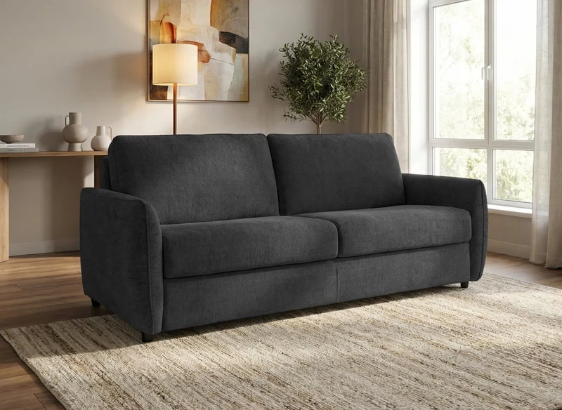 Sofá convertible express de 3 plazas CHIARA en terciopelo texturizado gris oscuro