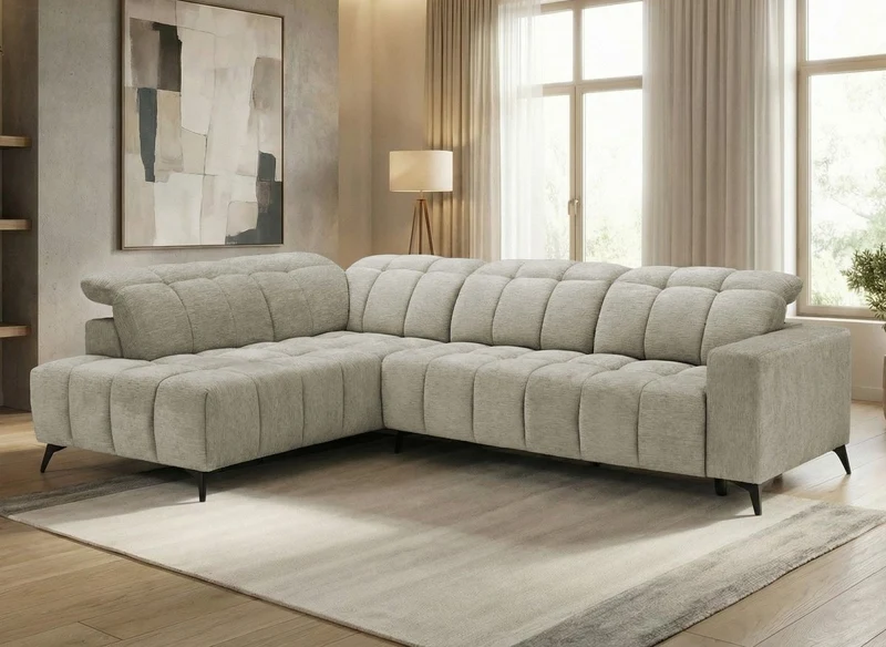 Sofá esquinero reclinable eléctrico ALVAR en terciopelo jaspeado beige - Esquina izquierda