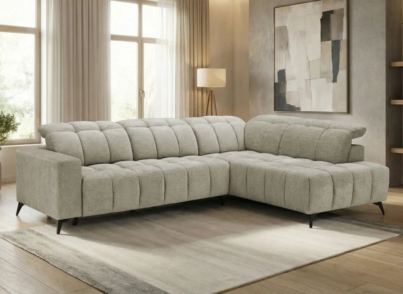 Sofá esquinero reclinable eléctrico ALVAR en terciopelo jaspeado beige - Esquinero derecho