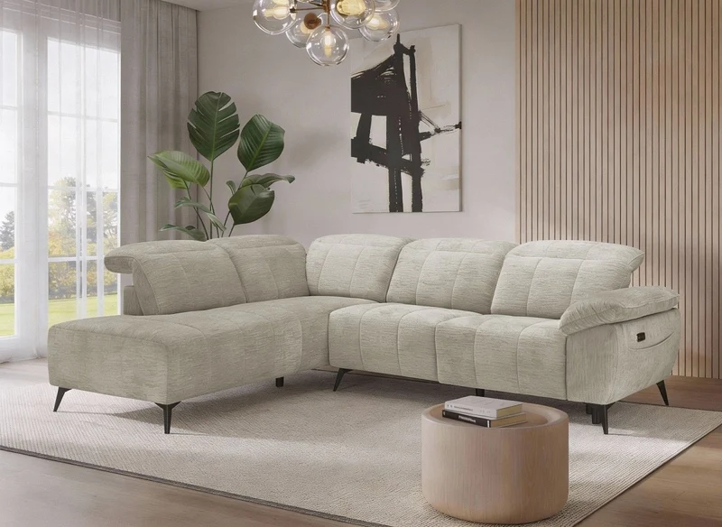 Sofá esquinero eléctrico reclinable SOLINA en terciopelo jaspeado beige - Esquina izquierda