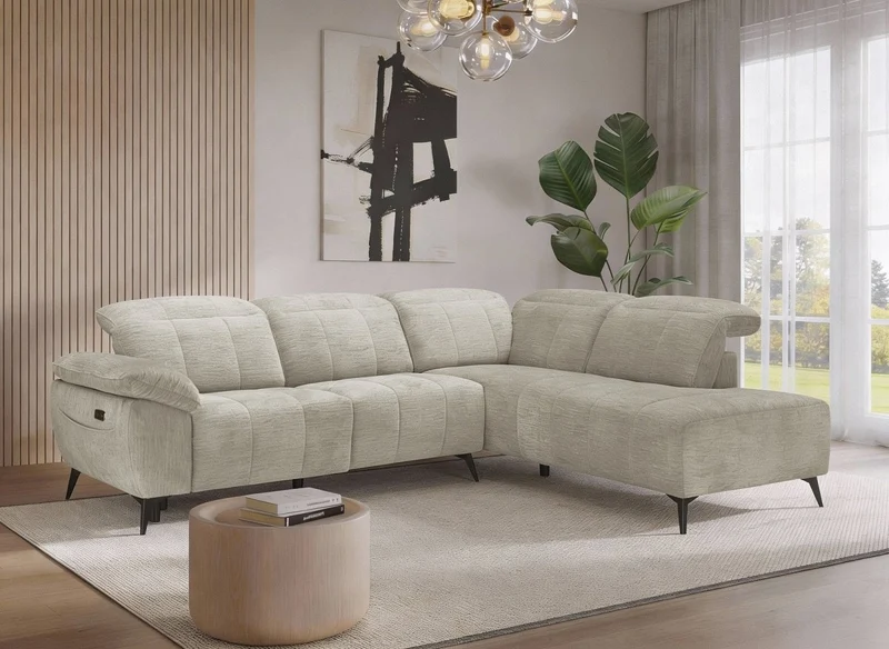 Sofá esquinero reclinable eléctrico SOLINA en terciopelo jaspeado beige - Esquinero derecho