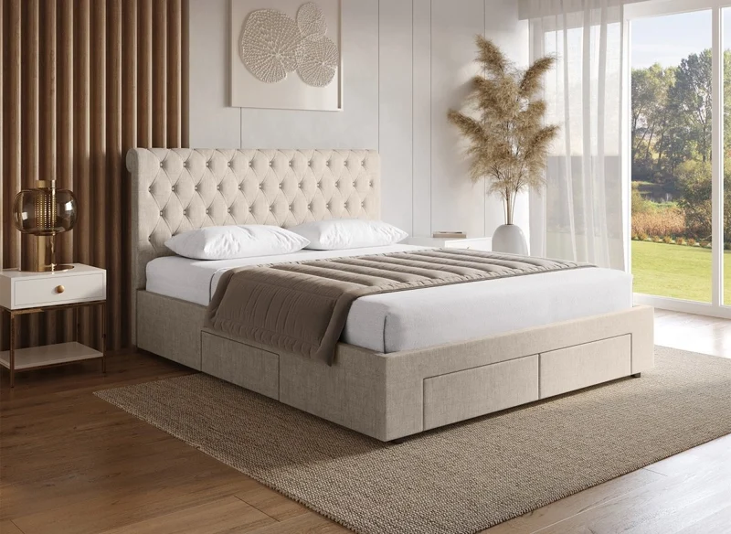 Cama doble con 4 cajones en lino beige 180x200 cm LEANDRÉ