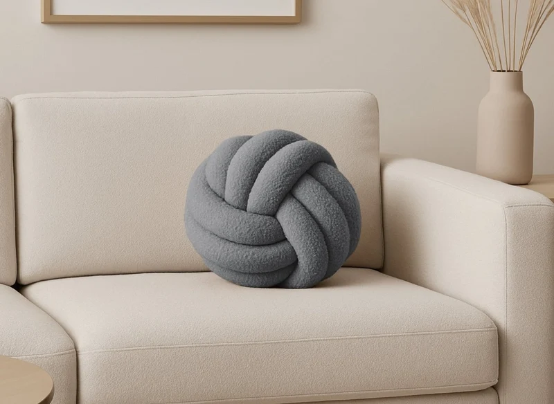 Cojín redondo decorativo con forma de bola y diseño de nudo en efecto piel de oveja gris oscuro NODUS