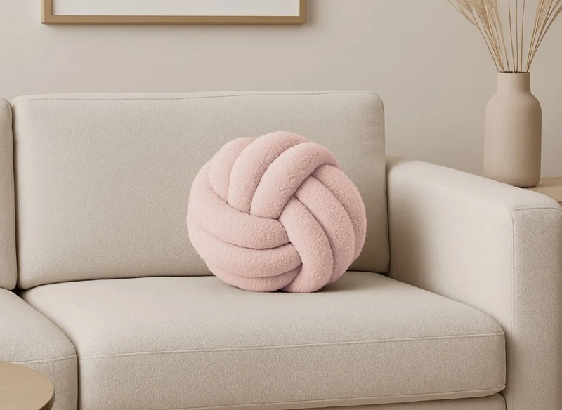 Cojín redondo decorativo en forma de bola con efecto piel de oveja rosa (NODUS)