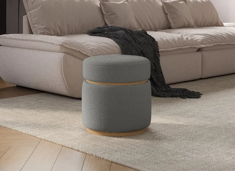Puf de diseño DIVA en tejido gris efecto piel de oveja y madera clara