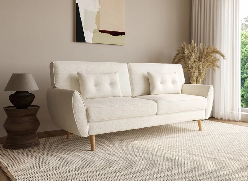 Sofá PANAMA click-clack tapizado en tela bouclé color crudo con patas de madera