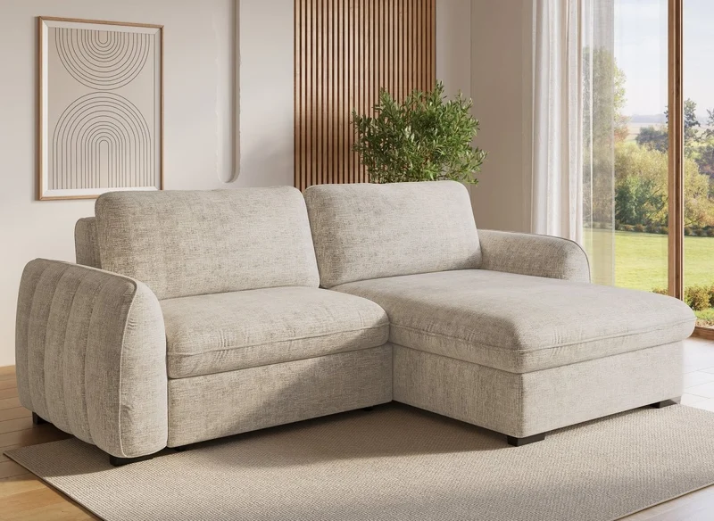 Sofá esquinero convertible y reversible LIORA con almacenaje en terciopelo jaspeado beige