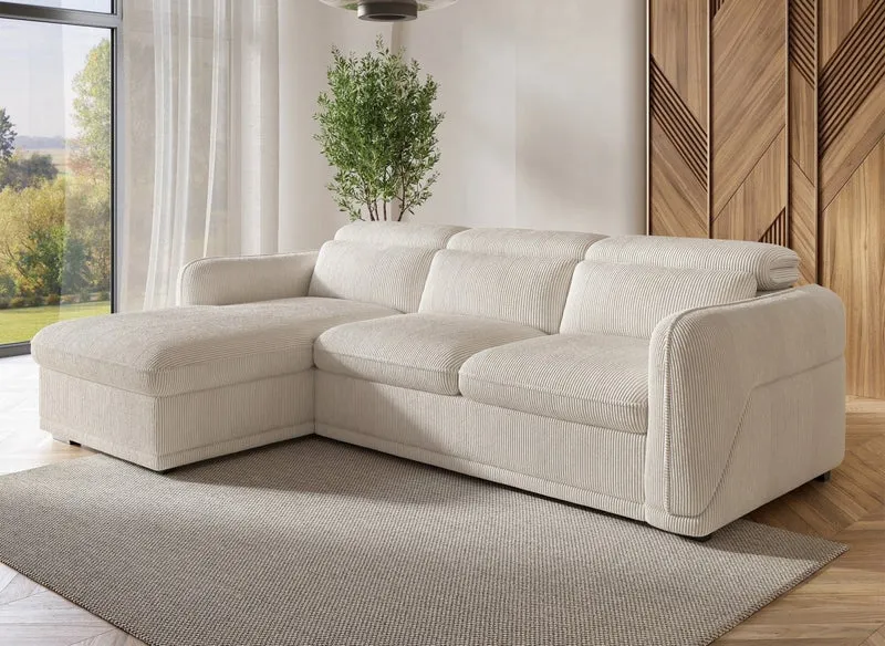 Sofá cama esquinero PETUNIA con almacenaje en pana gruesa beige - Esquina izquierda
