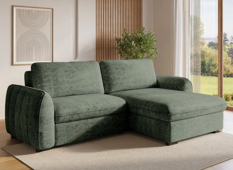 Sofá esquinero convertible y reversible LIORA con almacenaje en terciopelo verde caqui jaspeado