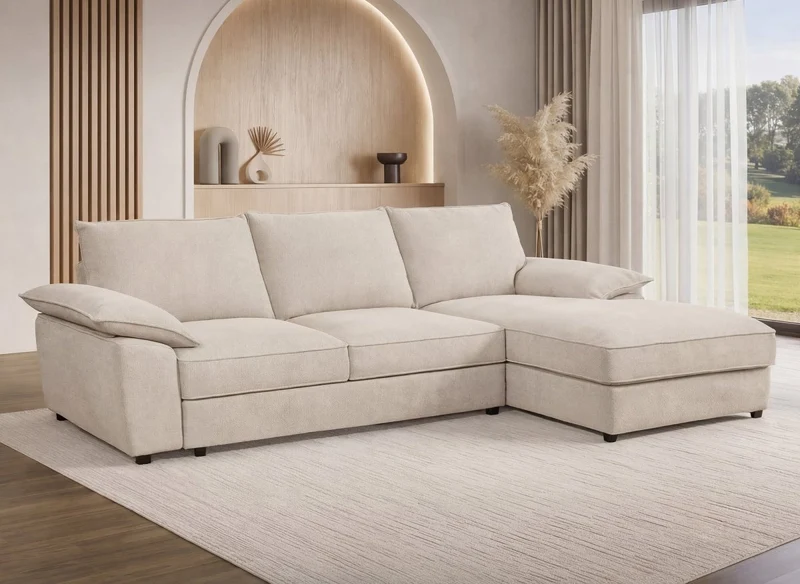 Sofá esquinero convertible GABIN con almacenaje en terciopelo jaspeado beige - Esquinero derecho