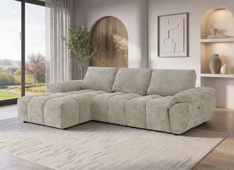 Sofá esquinero reclinable eléctrico ALPES en terciopelo jaspeado color topo - Esquina izquierda