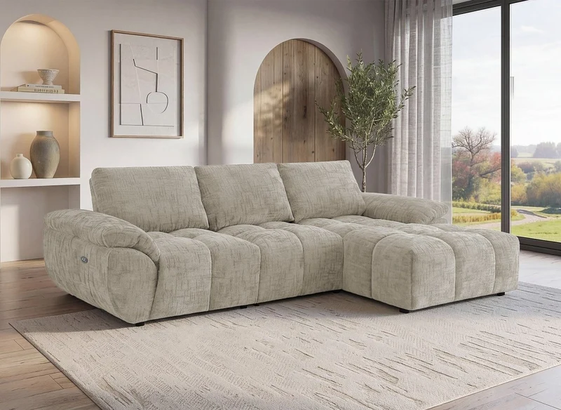 Sofá esquinero reclinable eléctrico ALPES en terciopelo jaspeado color topo - Esquina derecha