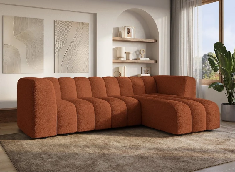 Sofá esquinero reversible AELIS en tejido bouclé terracota