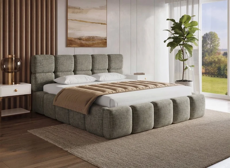 Cama con almacenaje BUBBLE en terciopelo jaspeado verde oliva, 180x200 cm